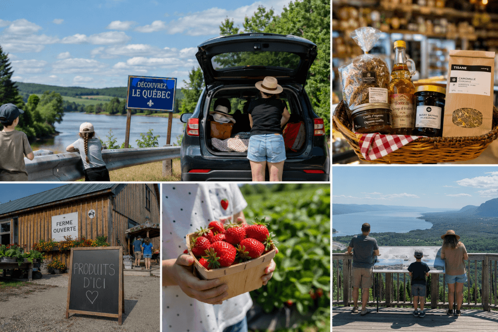 Montage photo réaliste illustrant un road trip estival au Québec : une famille découvre des paysages panoramiques, visite une ferme locale, cueille des fraises, achète des produits du terroir et profite des richesses des régions québécoises. Une image qui met en valeur les vacances en famille, les producteurs d'ici et le tourisme local.